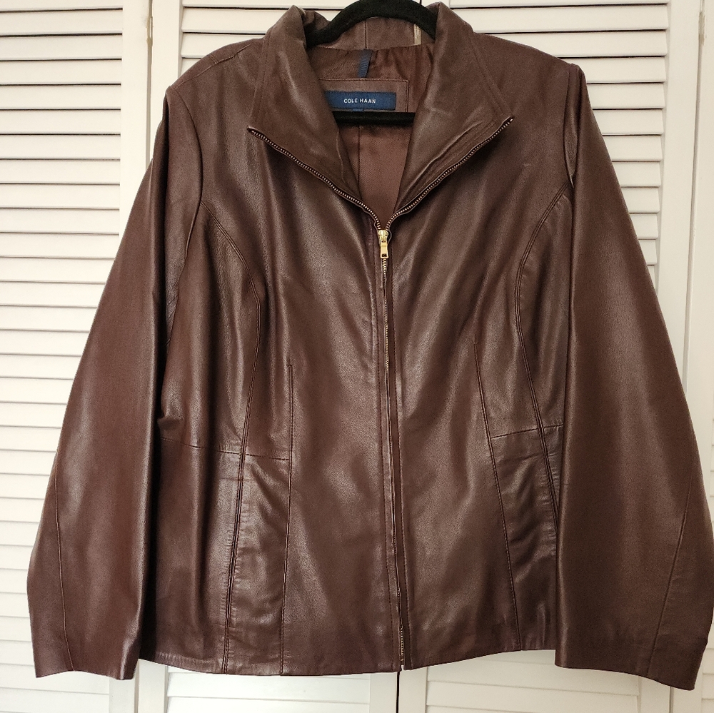 Cole Haan Womens Burgundy Leather Jacket.